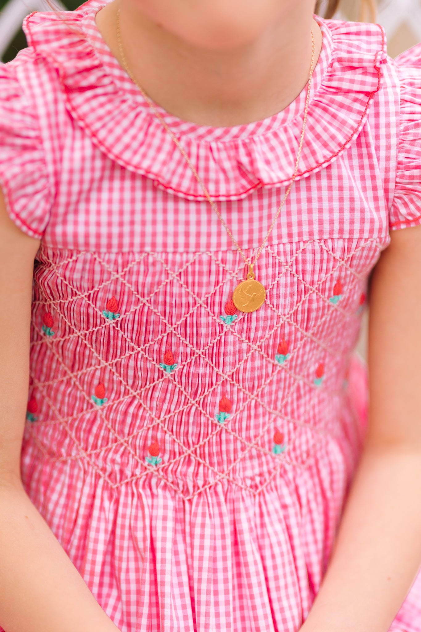 Tulip Pink Gingham Frilled Cap Sleeve Smocked Dress