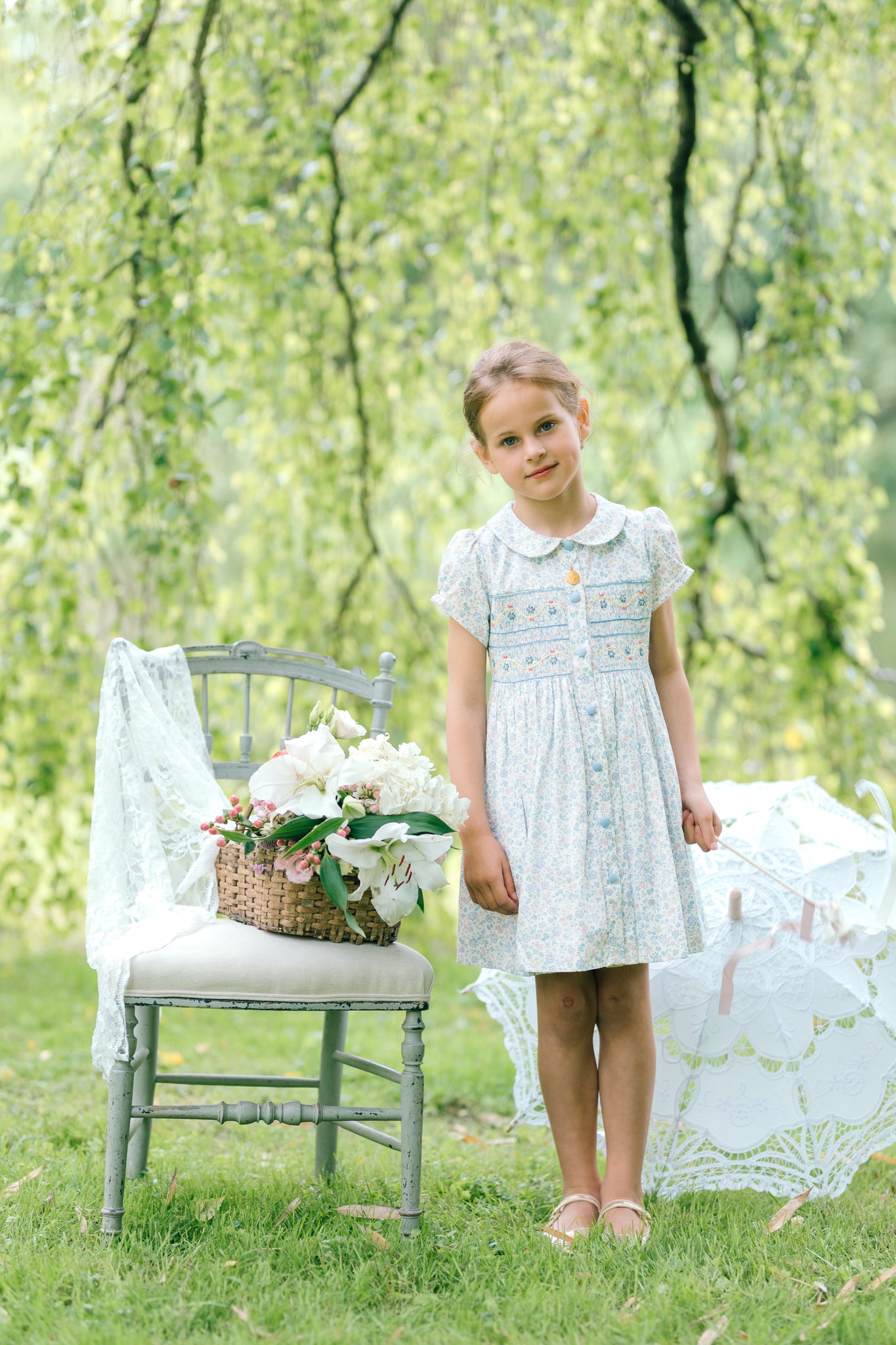 Violette Floral Blue Short Puff Smocked Dress