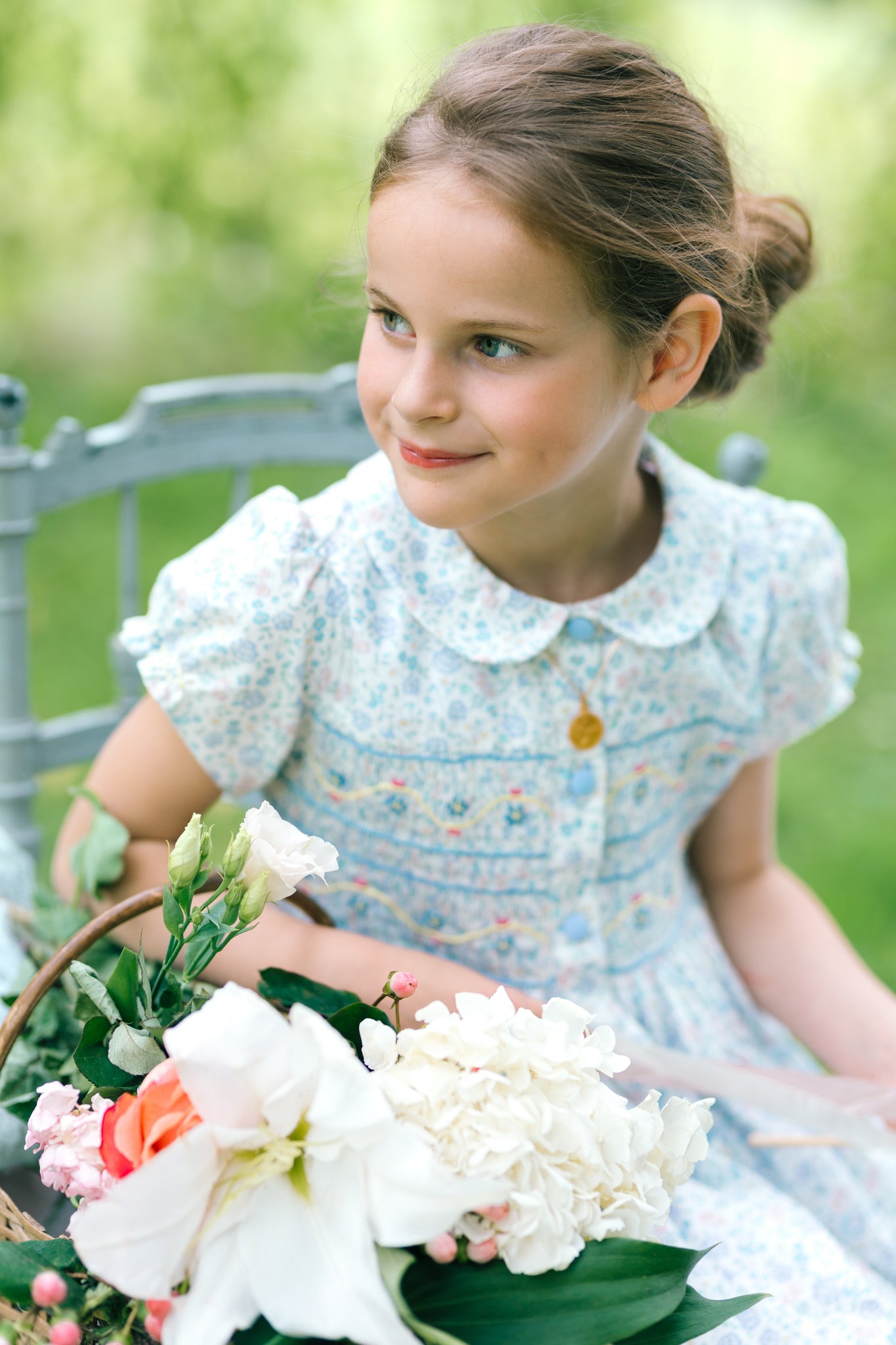 Violette Floral Blue Short Puff Smocked Dress