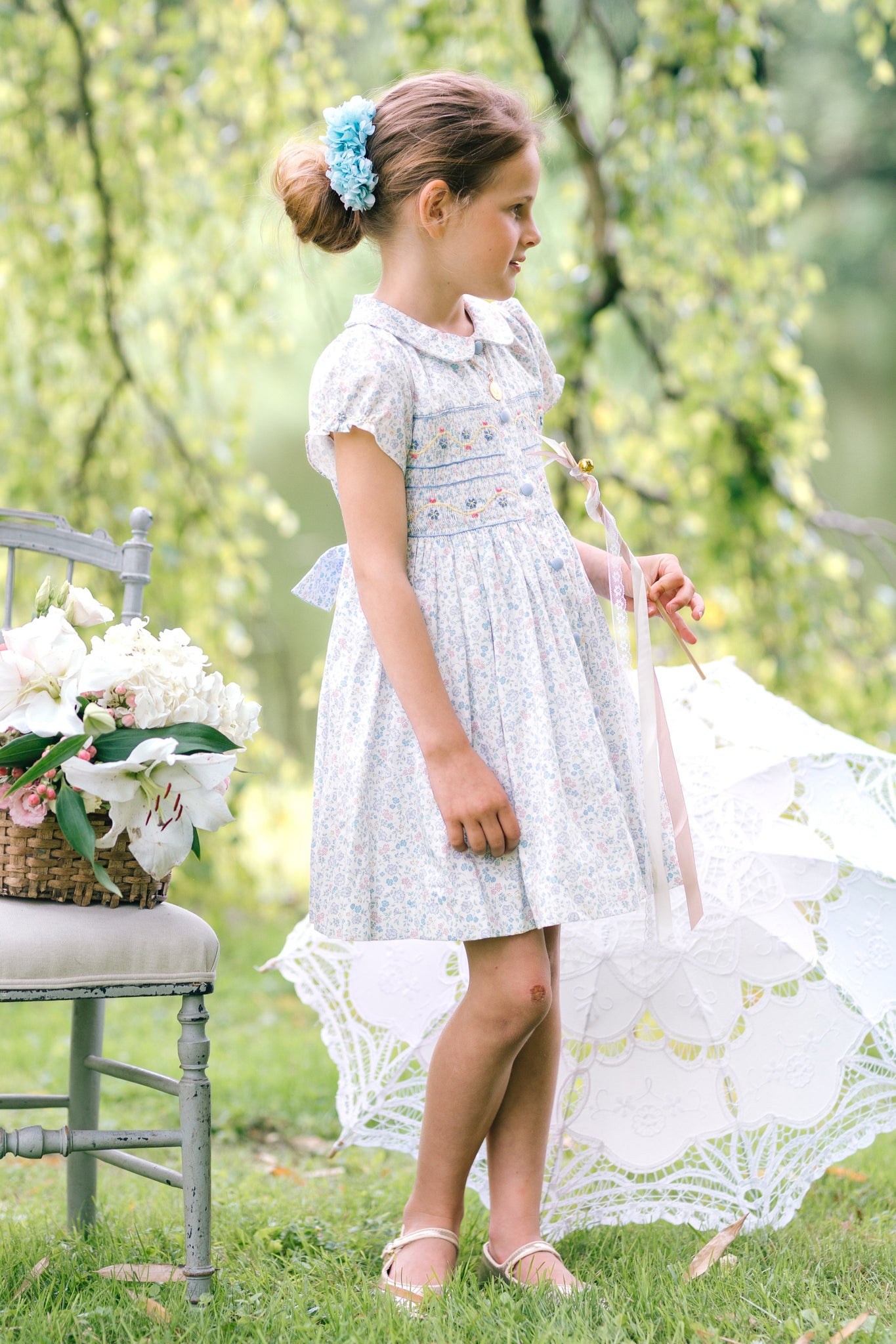 Violette Floral Blue Short Puff Smocked Dress